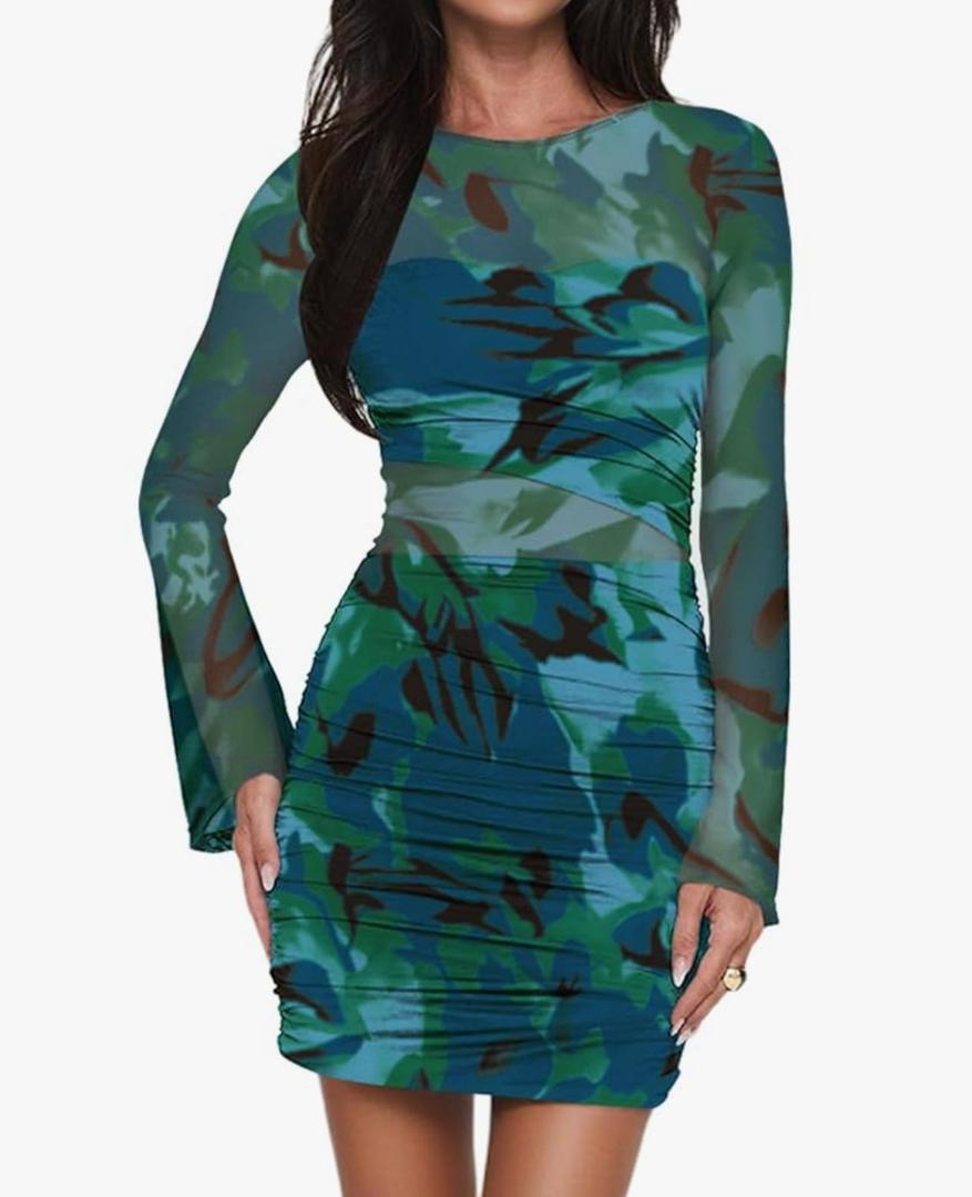 BTFBM Womens Sexy Long Sleeve Mini Dress Mesh Floral Print Bodycon Short Cocktail Party Dress, M