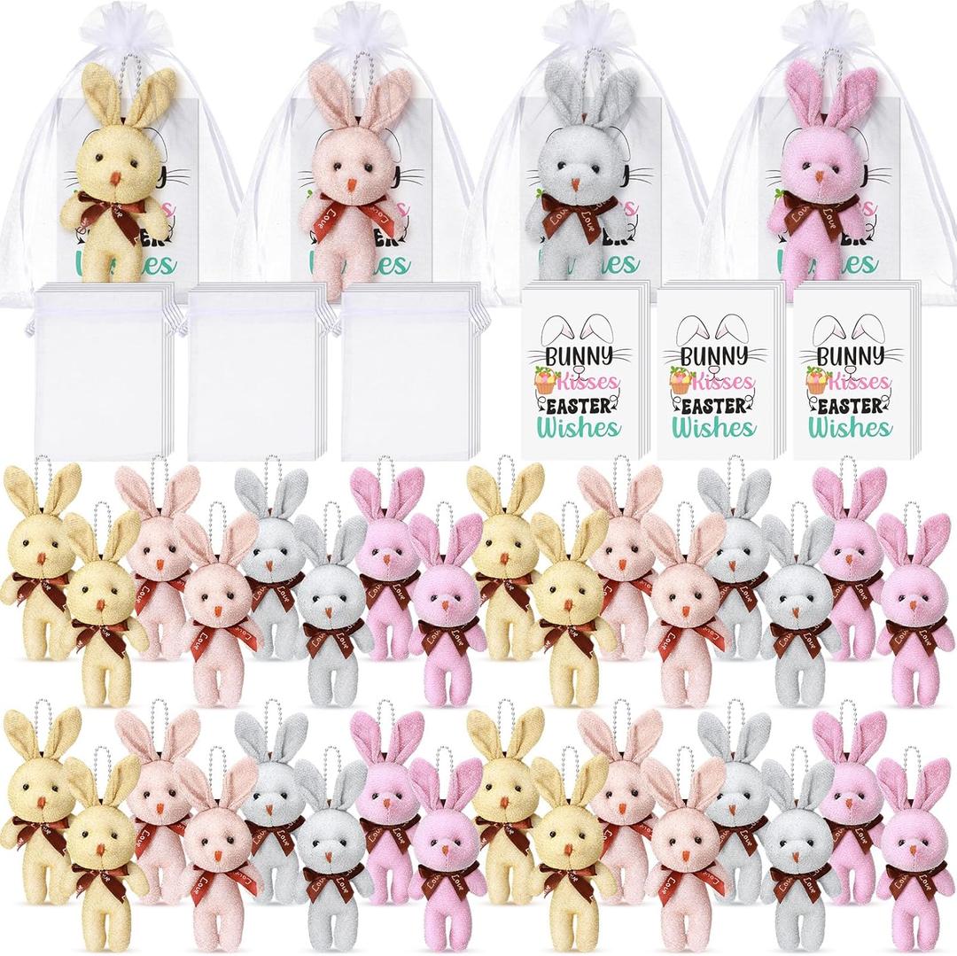 32 Sets Easter Bunny Stuffed Animal Set Include 32 Pcs Mini Plush Bunny Keychain 32 Cards and 32 Organza Bags Party Favors for Teacher Students