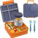 Bento Lunch Box Set for Kids with 8oz Soup Thermo, Leak-Proof Lunch Containers with 4 Compartment, Thermo Hot Insulated Food Jar and Foldable Fork Spoon, for Kids to School (Navy Blue)