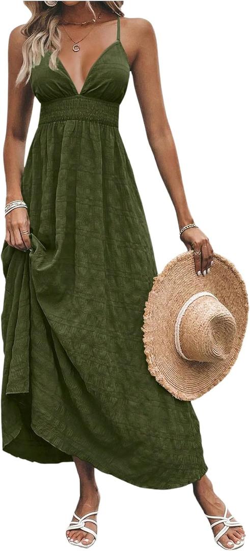 Milumia Women's Summer V Neck Backless Maxi Dress Boho Spaghetti Strap A Line Flowy Beach Long Sundress, L