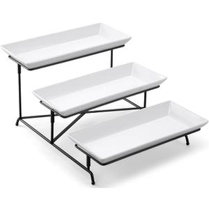 Yedio 3 Tier Serving Tray Set 14 Inch Porcelain Tiered Serving Trays Platters, Collapsible Sturdier Stand with Stable Cross Bars, Three Layer Serving for Party Entertaining Food Display Fruit Dessert (15" x 13" x 9", Black)