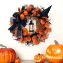 Halloween Wreath for Front Door with Lantern 20'' Witch Broom Lantern Fall Pumpkin Wreath Halloween Decorations Indoor Maple Leaf Bow Light for Porch Wall Home