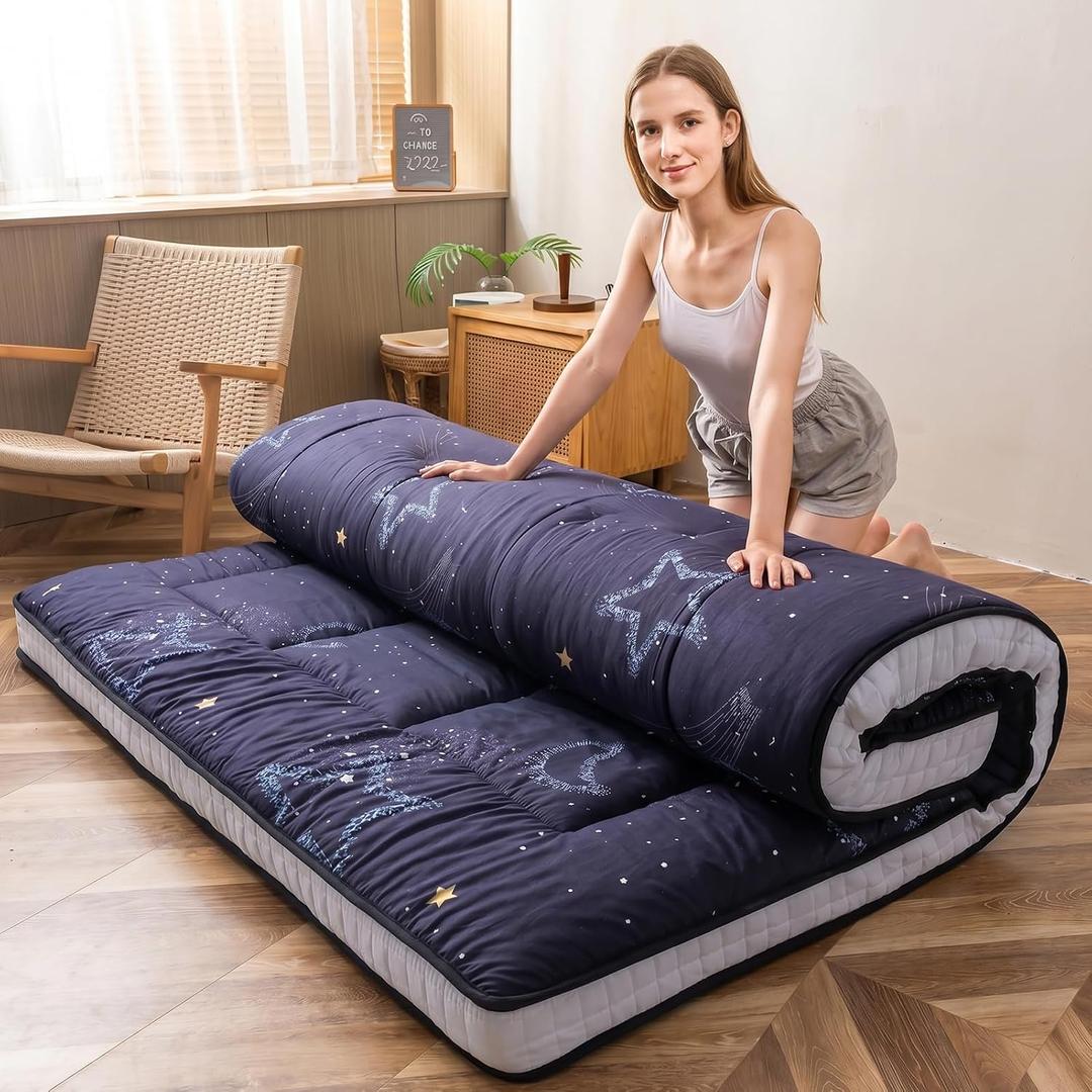 MAXYOYO Black Moon and Star Futon Mattress, Japanese Floor Mattress Quilted Mattress Topper, Extra Thick Folding Sleeping Pad Breathable Floor Lounger Guest Couch for Camping, Twin