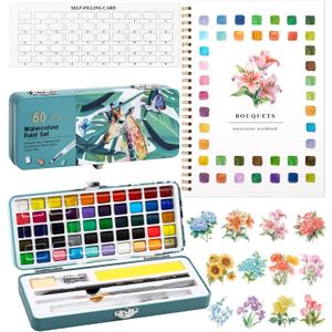 Watercolor Workbook, Water Coloring Book, 12 Different Patterns of Original DIY Designs, 50 Colors Watercolor Paint Set with Palette and Brush, Beginner-Friendly Watercolor Workbooks (Bouquets)