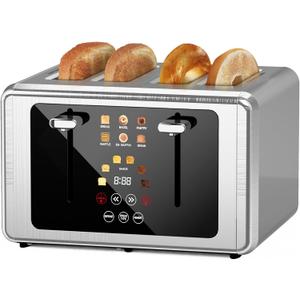Smart Digital 4 Slice Toaster with Touch Screen, 1.5'' Extra Wide Slots for Bagel, Digital Countdown & Sound Control, 6 Bread Types & 6 Shade Settings, Defrost/Reheat/Standby,Silver