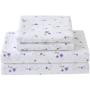 Softan Floral Full Sheet Set Purple Flower Printed Bed Sheets Double, Cozy Microfiber Patterned Fitted Sheets with 15" Deep Pocket & Non-Slip Straps, Cute Purple Sheets and Pillowcase Set