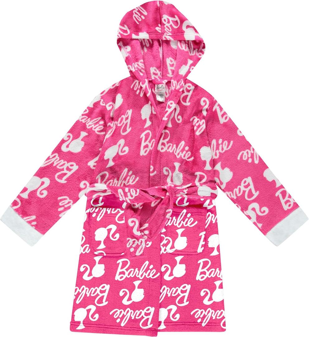 Barbie Girls Fleece Kids Hooded Robe - Super Soft Plush Kids Spa Bathrobe with Pockets, Girls - Official Product (6, Pink)