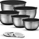 Belwares Mixing Bowls with Airtight Lids - 8PCS Stainless Steel Nesting Mixing Bowls Set Non-Slip with 3 Grater Attachments, Kitchen Bowls, Sizes 5, 4, 3.5, 2, 1.5QT for Baking & Food Prep (Black)