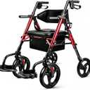 Foldable 2-in-1 Rollator Walker and Wheelchair Combo for Seniors with Seat, Heavy Duty Transport Chair 300 lbs Capacity, Lightweight, Anti-Tip Brakes, Adjustable Height 33.5"-40" (Red)