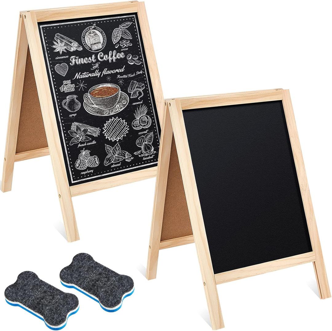 Henoyso 2 Pcs 15.6" x 9.75" Small Chalkboard Easel Tabletop Chalkboard Signs Menu Wooden A Frame Sandwich Board for Table, Double Sided with 2 Erasers for Bar Parties Display Home Decor(Wooden)
