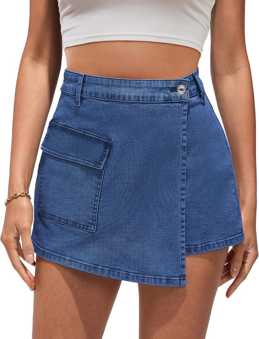 luvamia Denim Skorts for Woman Cargo Faux Wrap Jean Skort Skirts Stretchy High Waisted Skirt Shorts Country Concert Wear (Small, Brilliant Blue)