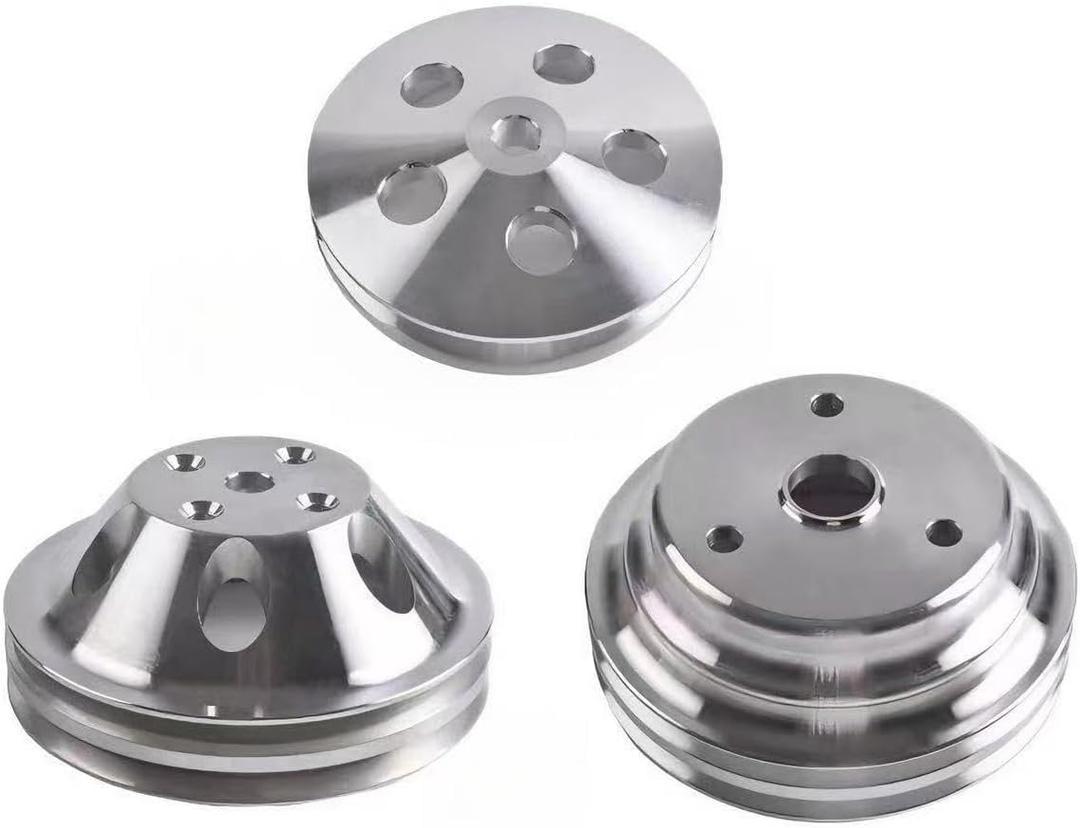 3Pcs Chrome Polished Aluminum Power Steering(1 Grooves) & Water Pump(2 Grooves) & Crankshaft Pulley (2 Groove) Kit Compatible with SBC Chevy 265 283 305 327 350 383 400 V8 Long Water Pump