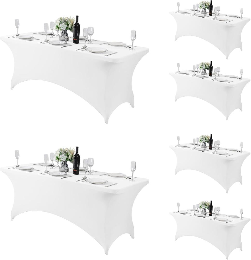 Fokitut 6 Pack Spandex Table Cover for 6FT Table Universal Fitted Stretch Tablecloth for Party, Banquet, Wedding and Events-White