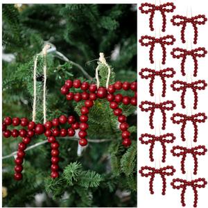 Hungdao 12 Pcs Christmas Tree Wood Beads Bow Ornaments Boho Christmas Tree Ornaments Farmhouse Wooden Beads Xmas Decor Natural Modern Xmas Decorative for Winter Party Decor(Burgundy) (Red)