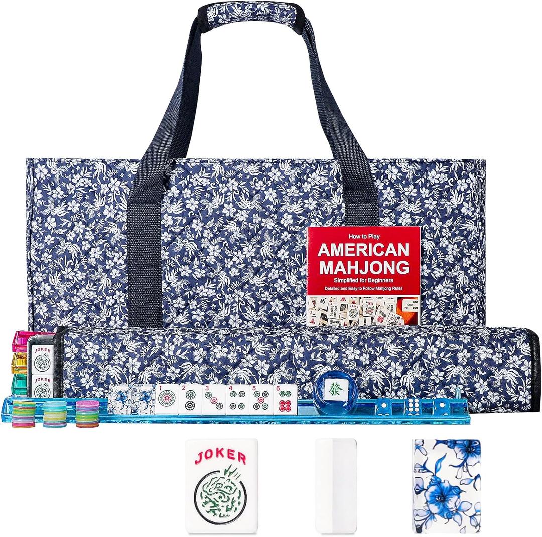 American Mahjong Set,166 Premium Acrylic Tiles with Blue Prints, 4 All-in-One Color Rack/Pushers, Complete Mahjong Game Set with Floral Blue Carrying Bag