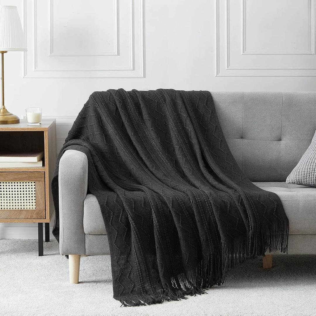 BOURINA Black Throw Blanket 50x60 Inches Throw Textured Solid Soft Sofa Couch Decorative Knit Blanket