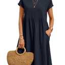 Women's Dress 2024 Casual Summer Cotton Dress with Pockets Short Sleeve Loose Midi Shirt Dress