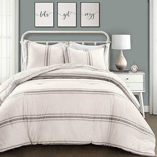 Lush Decor Farmhouse Stripe Reversible Cotton Comforter Set, 3 Piece Set, King, Gray - Cozy F𝚊rmhouse Bedding Set - Rustic Decor - Striped Comforter - Modern Farmho𝚞se Bedroom Decor