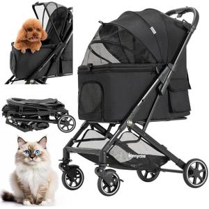 Kenyone Medium Dog Stroller, Kenyone Pet Stroller for Medium Dogs Up to 55lbs, Lightweight Aluminum Frame, One Click Folding, Large Cat Stroller with No Zip Entry, Detachable Mesh, Multiple Pockets (Black)