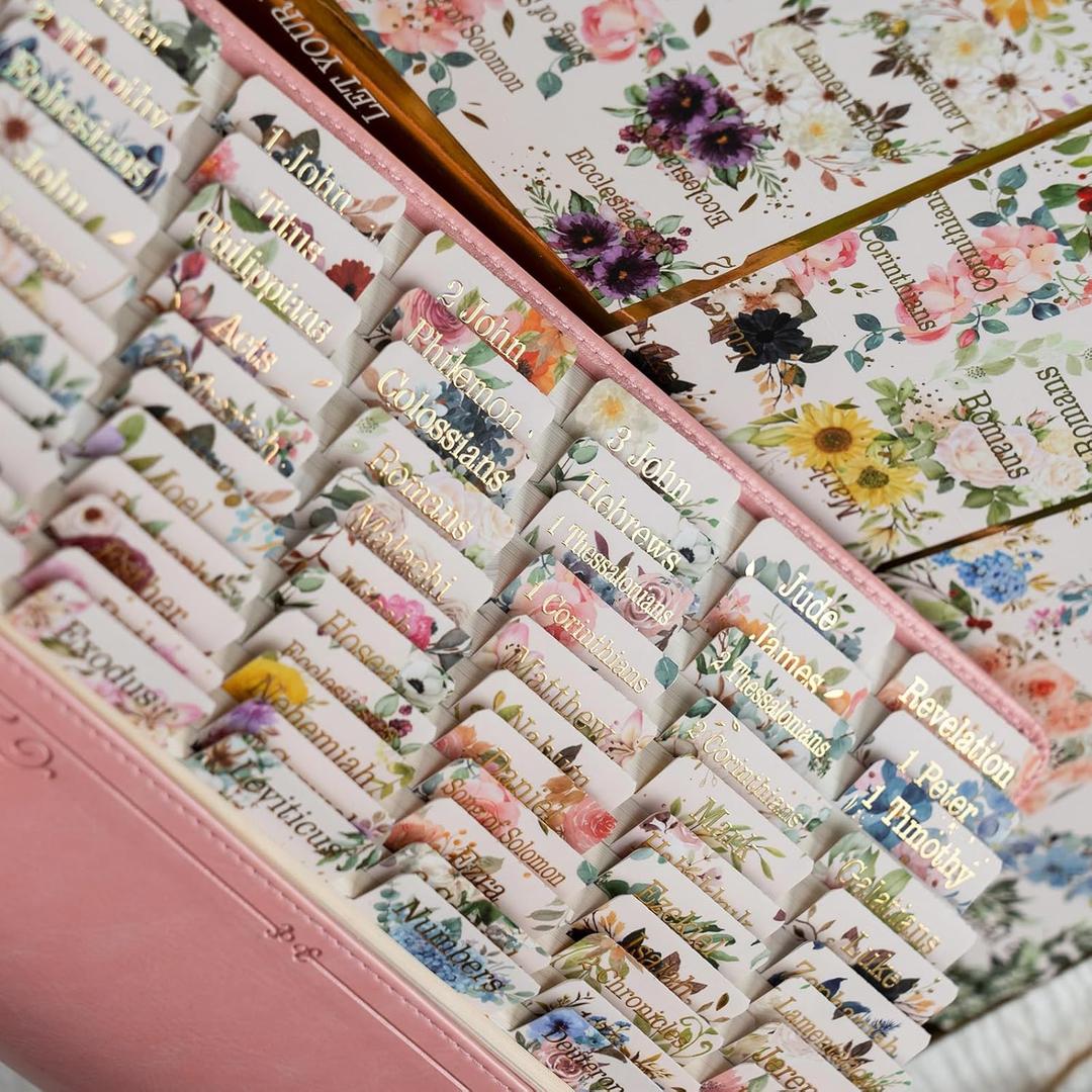 UPAFEXXI-Laminated Bible Tabs for Women and Men (Gold Foil Embossed Lettering) Reposition Large Print tabs, Easy to Read and Apply, 80 Bible Chapters Labels for Easy Navigation(Beige and Floral)