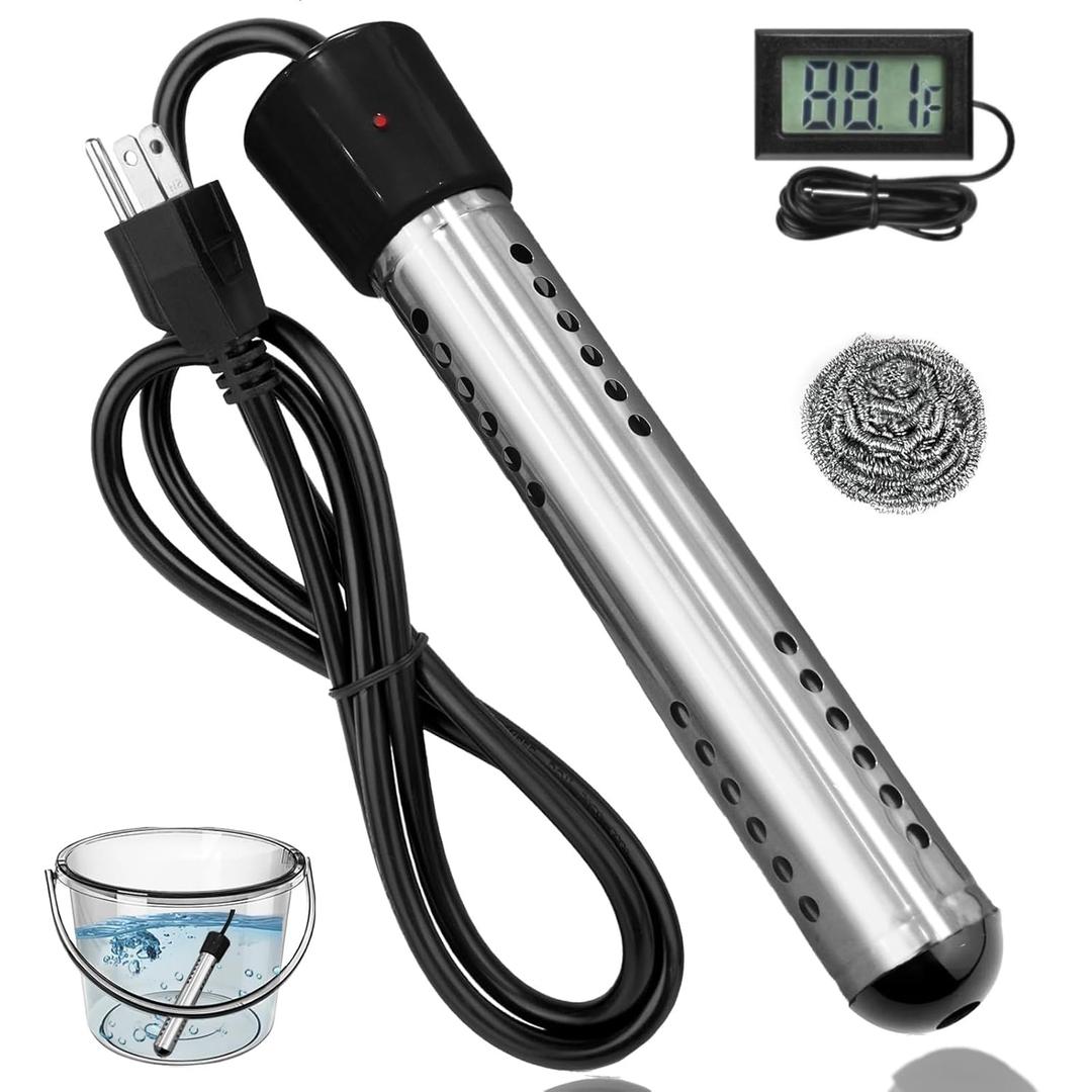 Immersion Water Heater Electric, 2000W Portable Water Heater with 304 S S Guard & LCD Thermometer, Fast Heating Bucket Heater, Ideal for Small Bucket Bathtub, Small Pool, Home Camping Outdoor Use