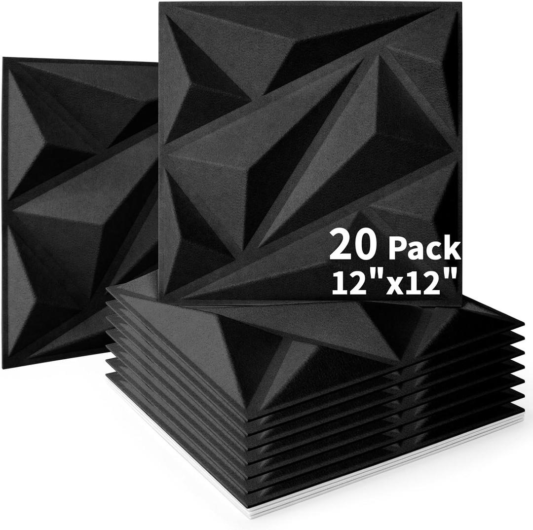 Art3dwallpanels Acoustic Panels 20 Pack Soundproof Wall Panels Acoustic Foam Sound Dampening, 3D Sound Absorbing, 12" X 12", Black (Black without tape)
