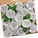 N&T NIETING Artificial Flowers, 50pcs Real Touch Fake Flowers Roses with Stem for DIY Wedding Bridesmaid Bridal Bouquets Centerpieces Shower Party Home Decoration, Silver White