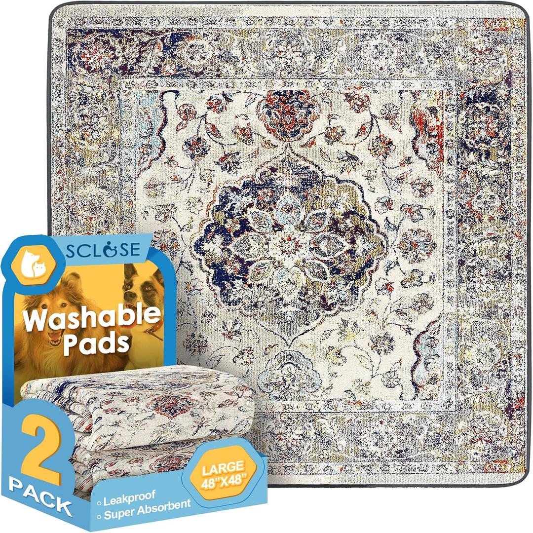 SCLOSE Washable Pee Pads for Dogs Large 2 Pack, 48" x 48" Reusable Puppy Pads Waterproof Dog Rugs, Super Absorbent, Leakproof, Dog Crate Pad, Playpen Mat, Whelping Pads, Vintage Medallion