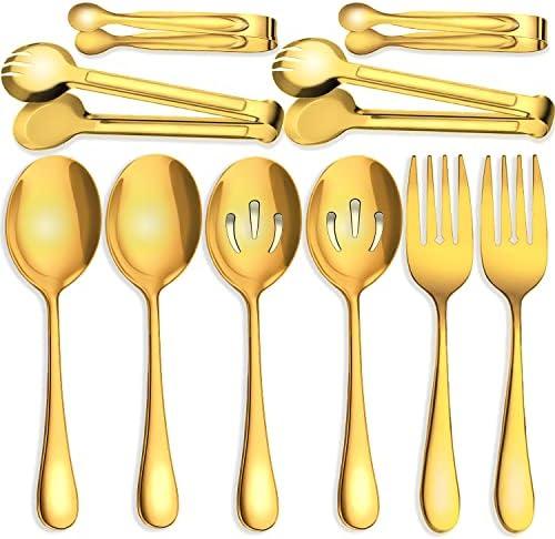 IAXSEE 4 PCS Stainless Steel Serving Utensils, Large Serving Spoons Slotted Spoons, Serving Forks, Serving Tongs, Ice Suger Tongs, Metal Utensils Set Great for Buffet Catering Banquet Party (Gold)