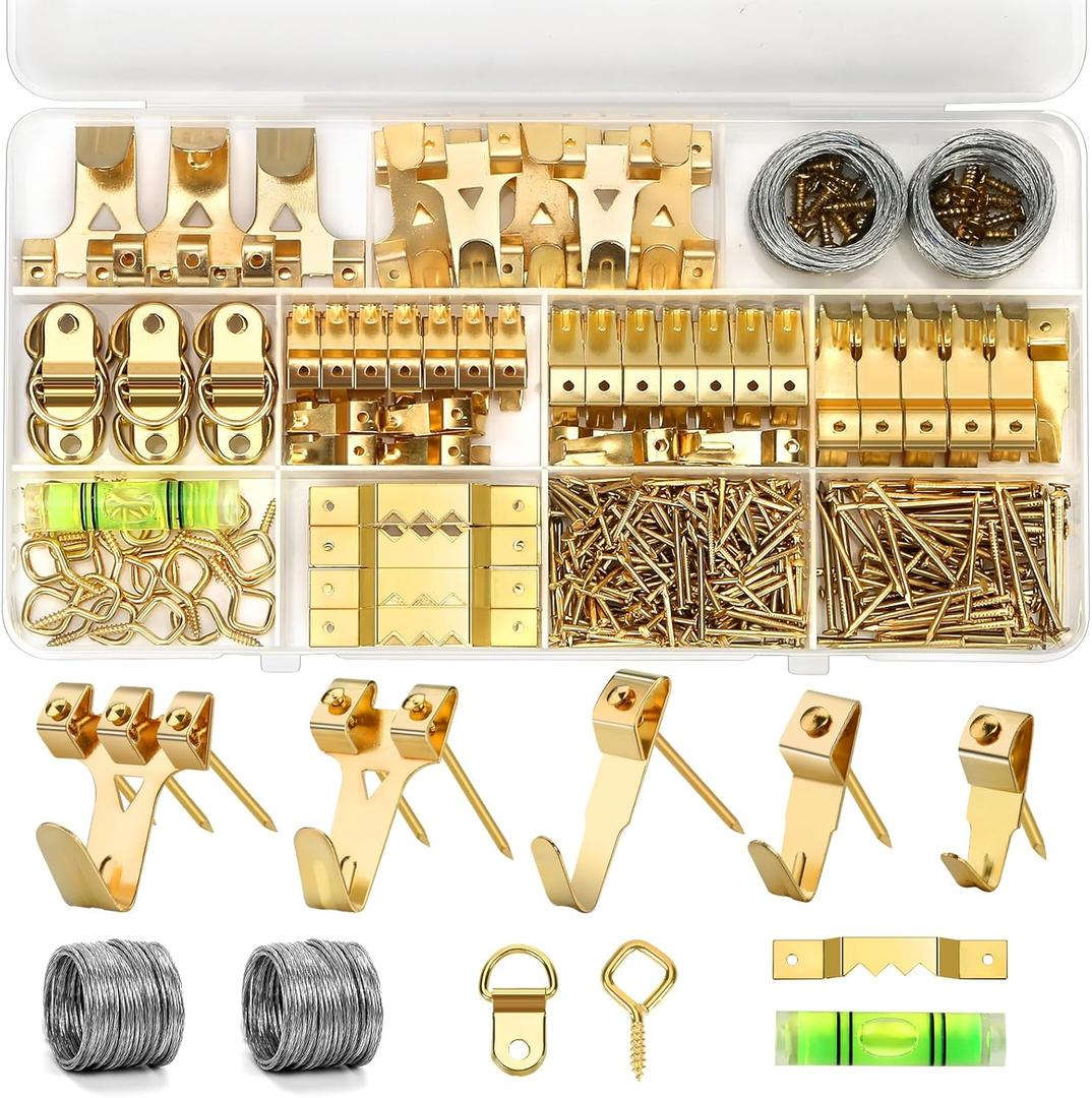 322Pcs Picture Hanging Kit, Professional Picture Hangers with Hooks, Nails, Wire, D Rings, Sawtooth Hangers ,Eye Hooks and LevelAll-in-One Wall Hanging Kit for Frames, Mirrors, Photos & Art