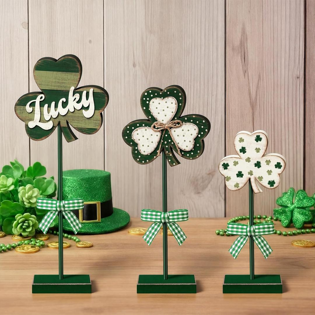 Yousoontic 6 Pcs St. Patrick's Day Decorations Shamrock Wooden Sign Farmhouse Irsh Clover Table Decor Rustic Distressed St Patricks Tall Standing Centerpiece for Home Mantle Shelf Tiered Tray Decor