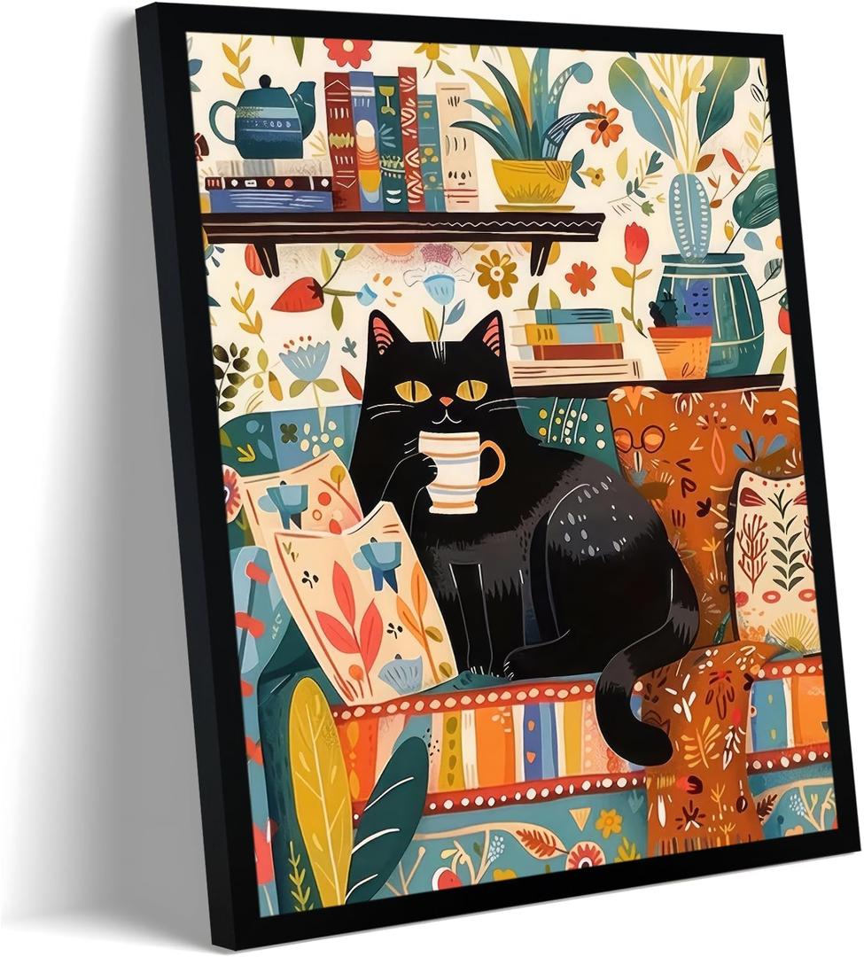 Framed Vintage Cat Canvas Wall Art, Funny Pink Animal Reading Books Painting Picture Print, Cute Kitten Lovers Aesthetic Wall Decor for Nursery Girls Room Bedroom Kids Room 16''L x 12''W