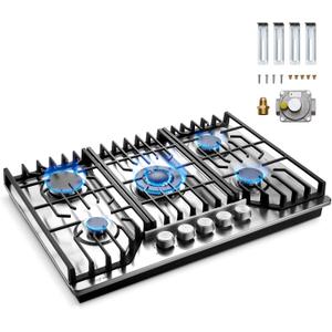 Gas Cooktop 30 inch with 5 Sealed Burners, Built-in Gas Stove Top Stainless Steel Propane Cooktop with Thermocouple Protection, NG/LPG Convertible, 30 Inch-Style 1