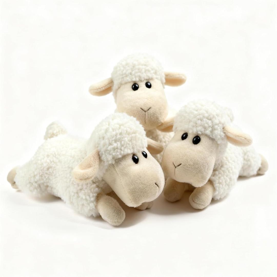 Tiny Heart Lamb Stuffed Animal Sheep Plush Toy 3 Pcs Cute Super Soft Nursery Home Decor Bedroom Small Gift for Kids Boys and Girls Companions White Prone Position