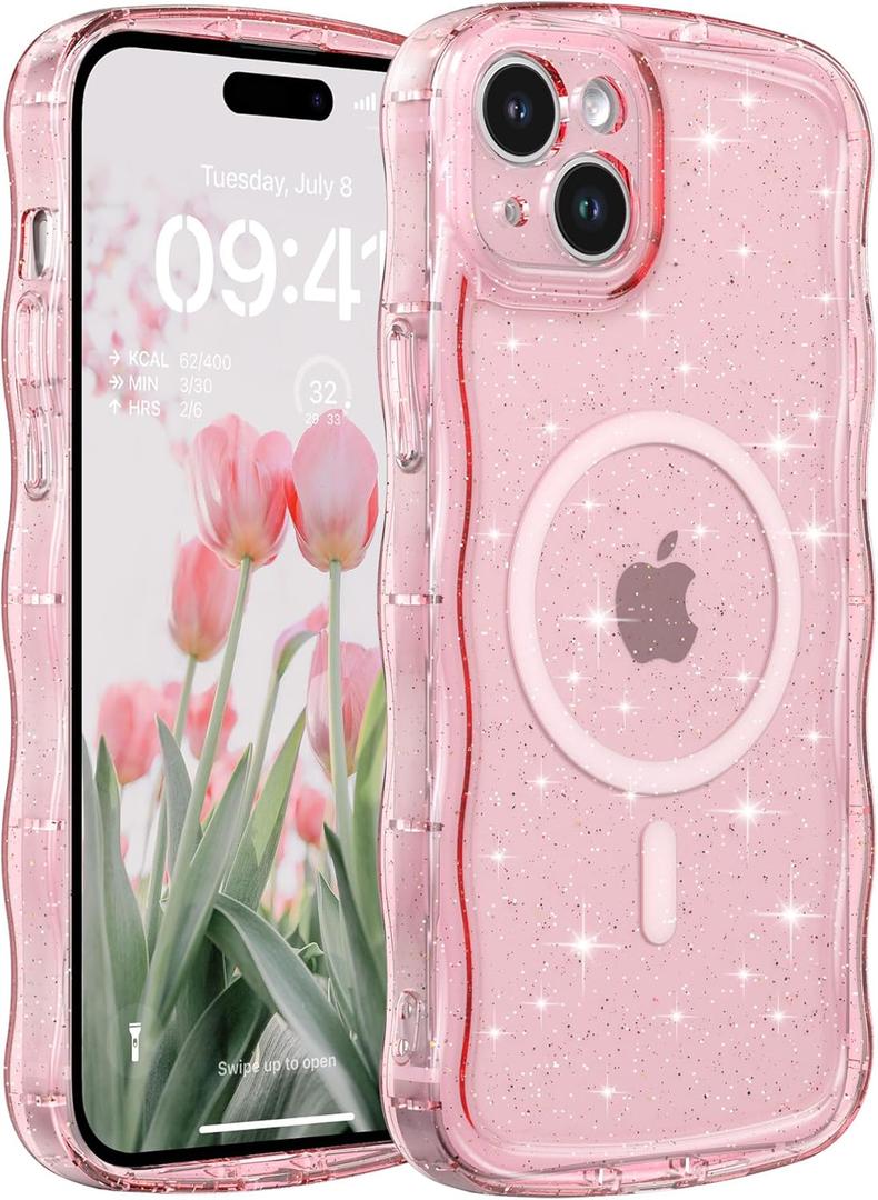 FABSPARK Case for iPhone 13/14,Compatible with MagSafe,Magnetic Clear Curly Wavy Frame Wave Case with Sparkly Bling Glitter,Transparent Acrylic Hard PC for iPhone 14/13,Glitter Clear Pink