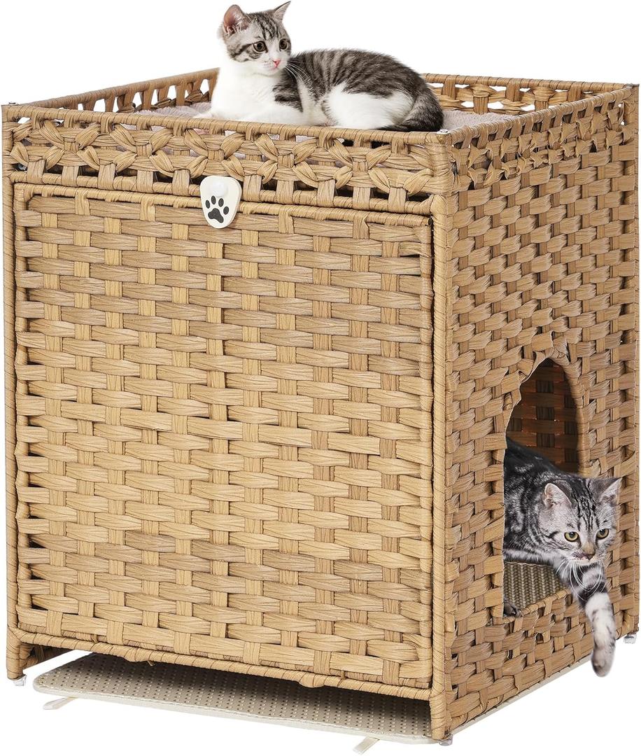 Cat Litter Box Enclosure with Soft Litter Mat; Hidden Cat Washroom Furniture with Door; Handwoven Rattan Cat House; Pet Crate for Living Room, Bedroom, Balcony (Natural), Size: 18.2'' L x 18.2'' W x 24.2'' H