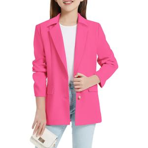 EXARUS Girls Blazer Kids Blazers Jacket Teen Suit Graduation Hot Pink Blazer Long Sleeve Open Front Button Formal Lapel Collar with Inner Pockets School 10Y