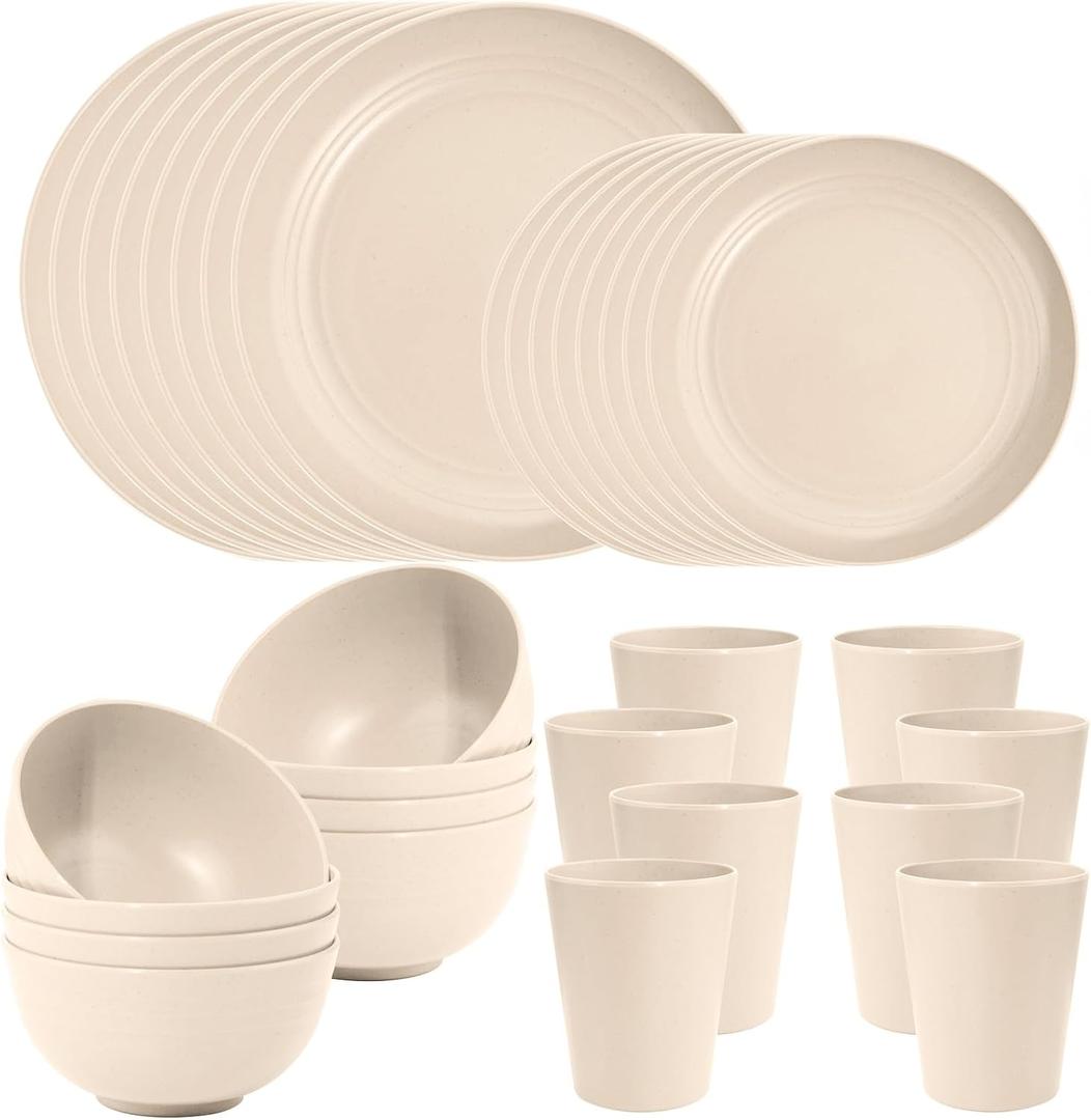 LIYH 32 Pcs Beige Wheat Straw Dinnerware Set for 8, Plastic Plates and Bowls Set, Unbreakable Dishes Set for 8, Dishwasher & Microwave Safe Reusable
