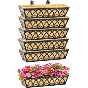 24 Inch Railing Planter Box Window Boxes Planters - 6 Pack Deck Railing Planter Boxes with Adjustable Brackets Coco Liners Balcony Planters Railing Hanging for Window Flower Boxes Outdoor Garden Decor