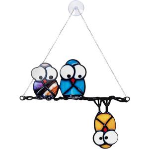 Owls on a Wire Stained Glass Bird Suncatchers for Window Decor, Owl Sun Catcher Indoor Window Outdoor Hanging Garden Ornament, Suncatcher Gifts for Mom, Grandma (Acrylic)