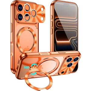 for iPhone 17 Pro Max Case with 360 Spin Stand & CD Metal Ring | Military-Grade Shockproof | Compatible with MagSafe & Camera Lens Protection | Slim Clear Back & Plating Anti-Yellowing (Orange)