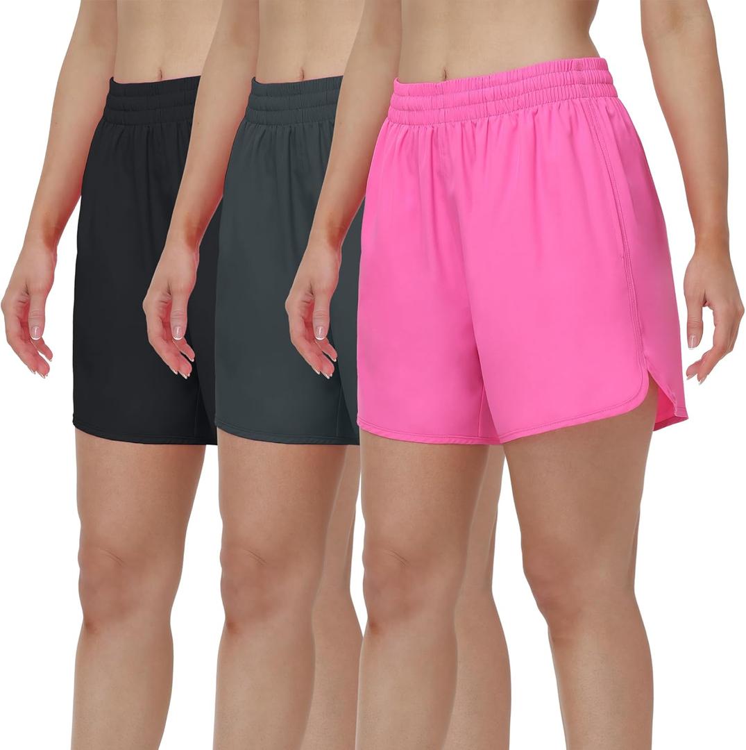 HOPLYNN 3 Pack Womens 5" Athletic Running Shorts Quick Dry Workout Short with Pocket Lightweight Gym Shorts for Women 1 Black 1 Gray 1 Rose Pink Large