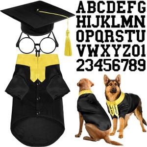 5 Pcs Dog Graduation Costume Set Include 2025 Pet Graduation Gown with Stole Puppy Grad Cap Lensless Glasses DIY Letter Stickers for Dogs Cats Holiday Costume Accessory(Black Yellow,2XL)