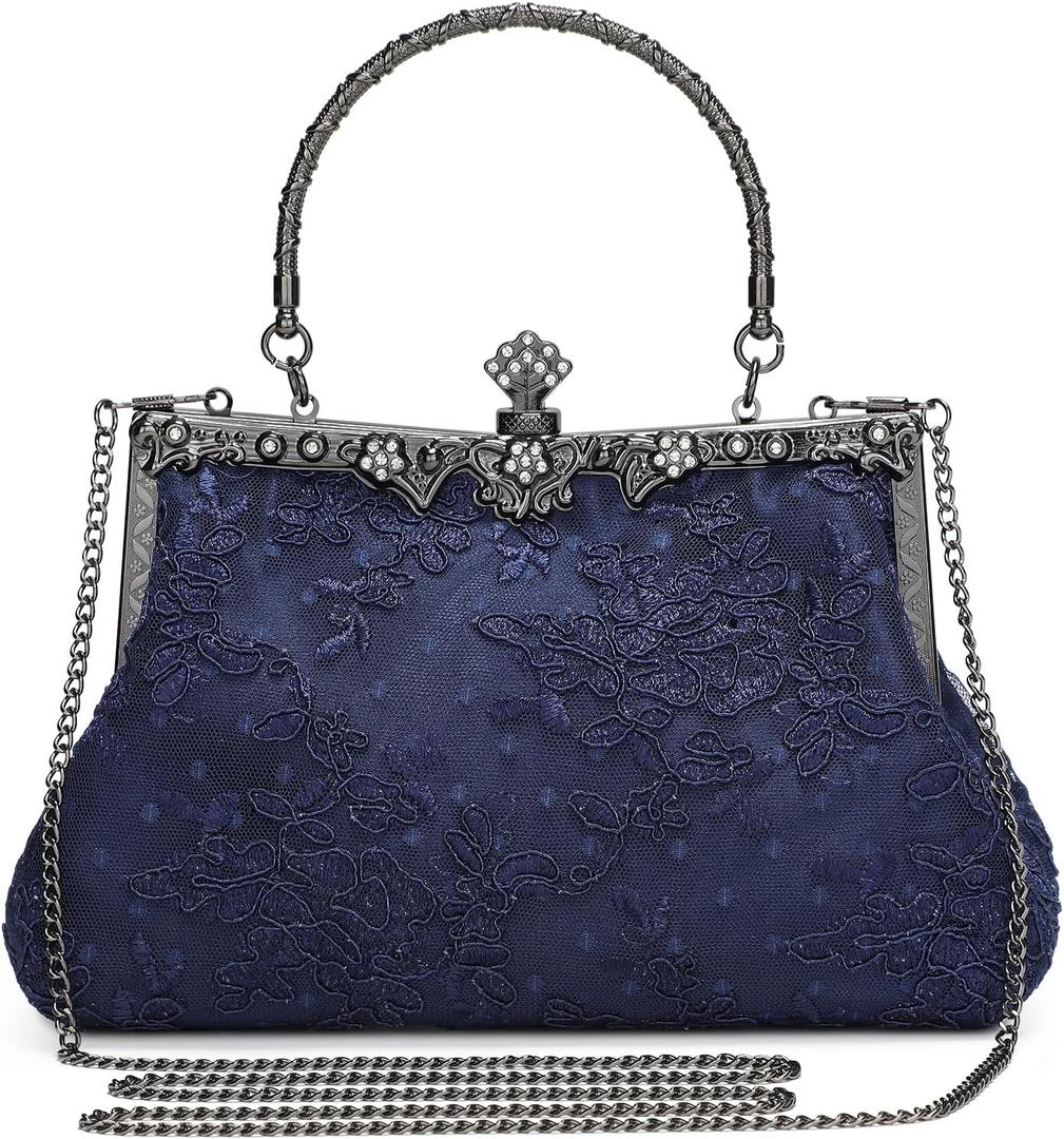 UBORSE 1920s Vintage Purse Embroidery Lace Floral Clutch Purse for Women Formal Evening Bag Handbag Wedding Bag (Blue)