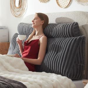 Headboard Pillow + A Long Neck Roll Pillow Body PillowFaux Fur Headboard Wedge Pillow with Removable Cover (Gray, Queen59x8x20 inches)