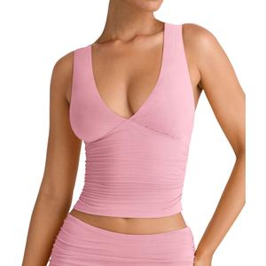 YFANG Women's Summer Deep V-Neck Ruched Crop Tank Top Sexy Sleeveless Double Lined Crop Top Pink Large