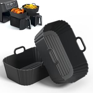 Silicone Air Fryer Liners 2 Pack, Reusable Liners Compatible for Ninja Foodi DZ201, DZ401, DZ550, COSORI, Chefman, Instant Air Fryer, and 6-in-1 8-10QT AirFryer Baskets (Black)