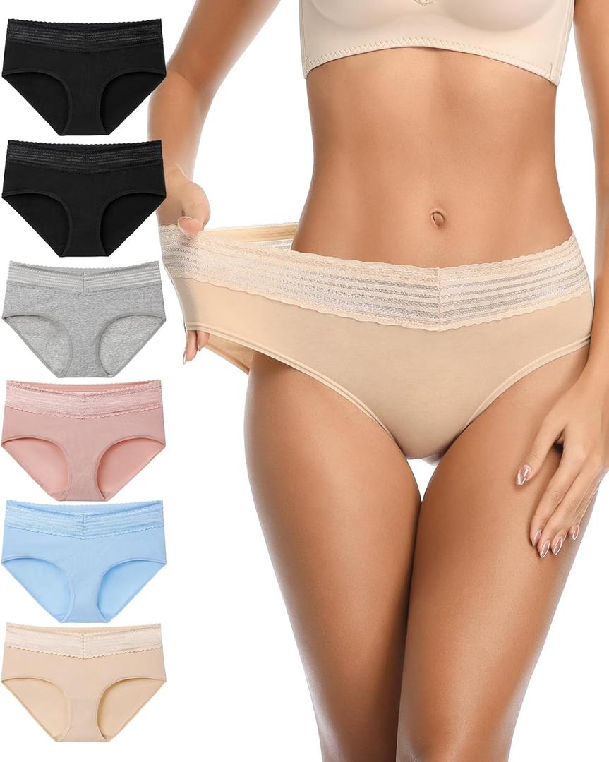 OLIKEME Cotton Underwear for Women Mid-High Waisted Lace Band Lady Panties No Show Breathable Hipster Briefs 6Pack (M)