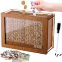 Cash Vault Wooden Savings Box, Wooden Cash Saver Money Box, Cash Coin Retro Money Savings Box with Counter, Saving Challenge Box 10,000, Money Box for Kids Adults (Lightbrown)