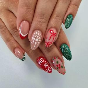 Festive Christmas Press on Nails Medium Almond Fake Nails Red Green Nails Press ons with Snowflake Holly Design Reusable Artificial Manicure for Holiday Parties & Winter Celebrations 24Pcs